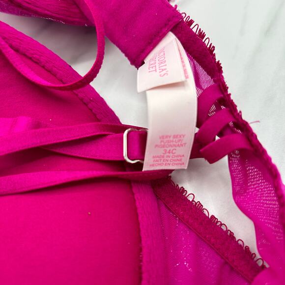 Victoria’s Secret Very Sexy Push Up Bra 34C Metallic Fuchsia Pink Lace Underwire - Picture 9 of 13